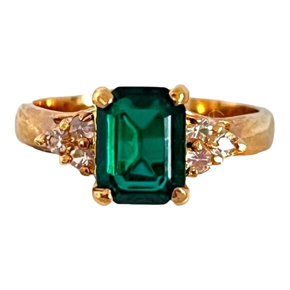 Vintage Ring Size 9 Green Crystal CZ 14K Gold Plate Mid-Century MCM 14T - Picture 4 of 10